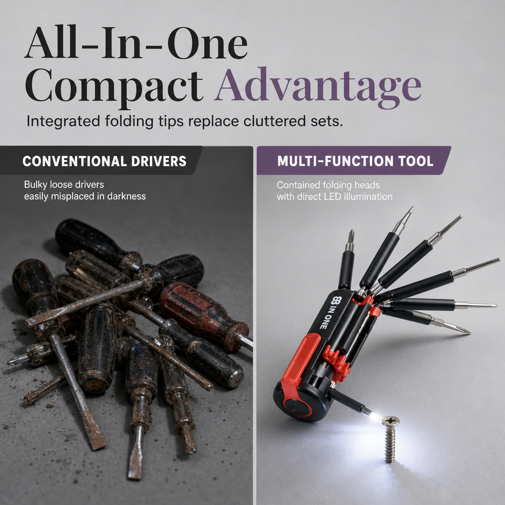 🔧 8-in-1 Folding Screwdriver – Built-In LED Work Light & Flashlight