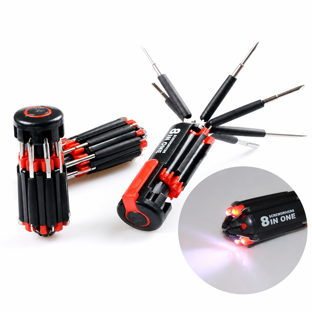 🔧 8-in-1 Folding Screwdriver – Built-In LED Work Light & Flashlight