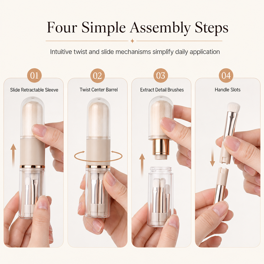 📢📢50% OFF !! ⏰Portable Retractable Makeup Brush Set Multifunctional Travel Cosmetic Tool with Powder Blush and Silicone Lip Brush