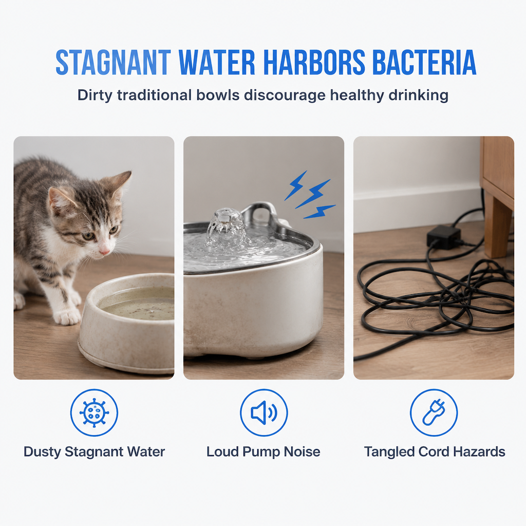 Silent Cat Water Fountain, 3.2L Automatic Water Bowl with Ultra-Quiet Copper Spout, Soft Blue LED Night Light, 6-Layer Filter Care, Odor-Cut Carbon, Hair & Odor Filters, Wired Plug-In Gravity Feeder for Clean Hydration