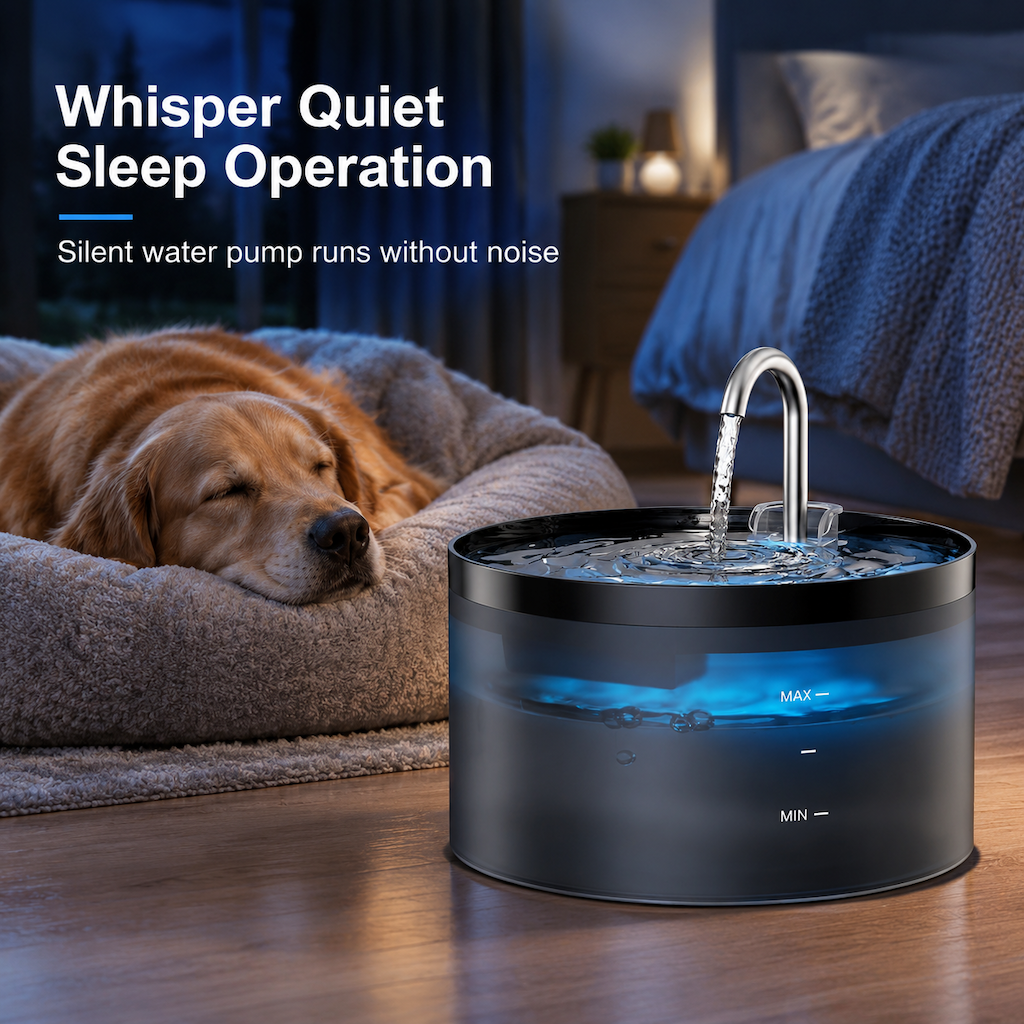 Silent Cat Water Fountain, 3.2L Automatic Water Bowl with Ultra-Quiet Copper Spout, Soft Blue LED Night Light, 6-Layer Filter Care, Odor-Cut Carbon, Hair & Odor Filters, Wired Plug-In Gravity Feeder for Clean Hydration