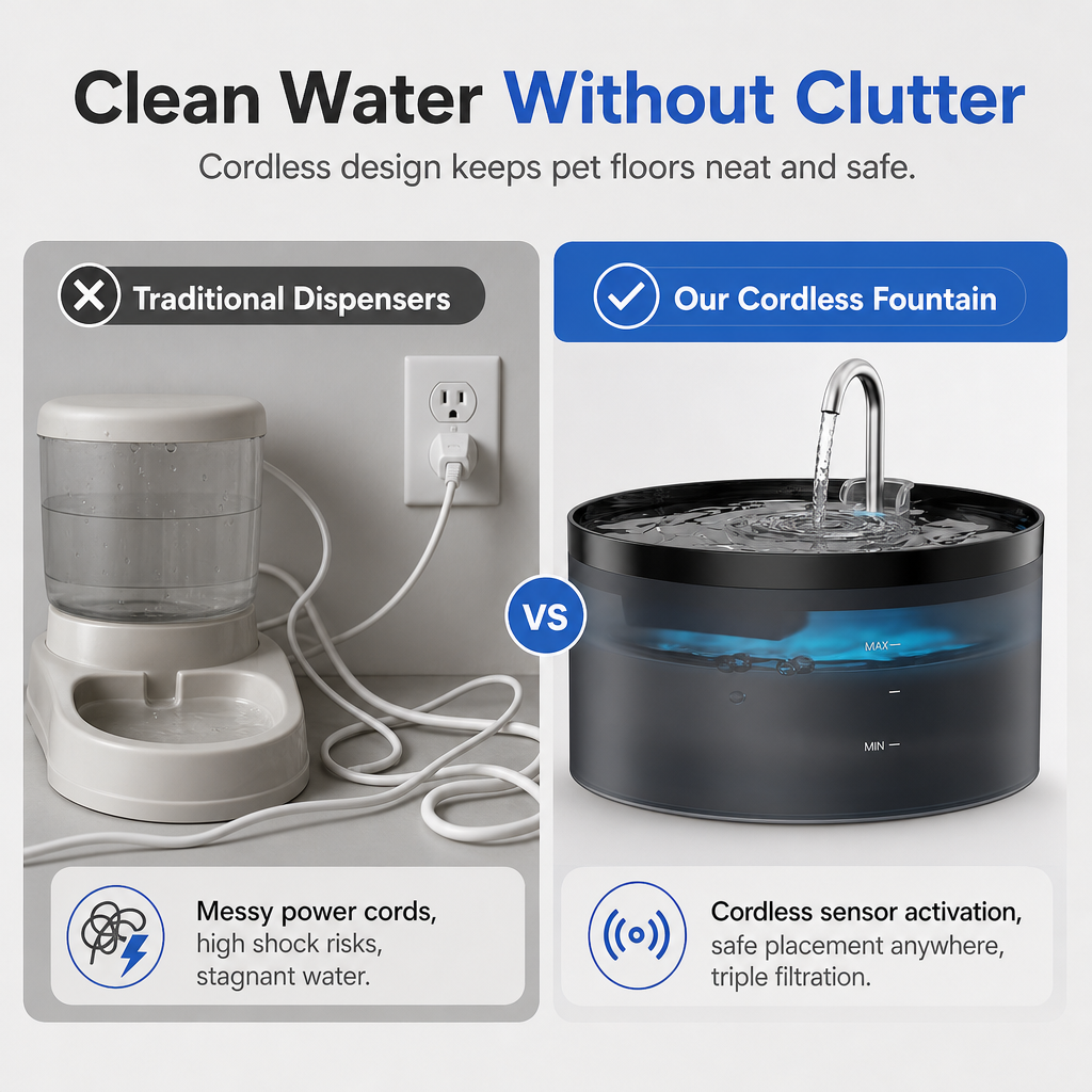 Silent Cat Water Fountain, 3.2L Automatic Water Bowl with Ultra-Quiet Copper Spout, Soft Blue LED Night Light, 6-Layer Filter Care, Odor-Cut Carbon, Hair & Odor Filters, Wired Plug-In Gravity Feeder for Clean Hydration