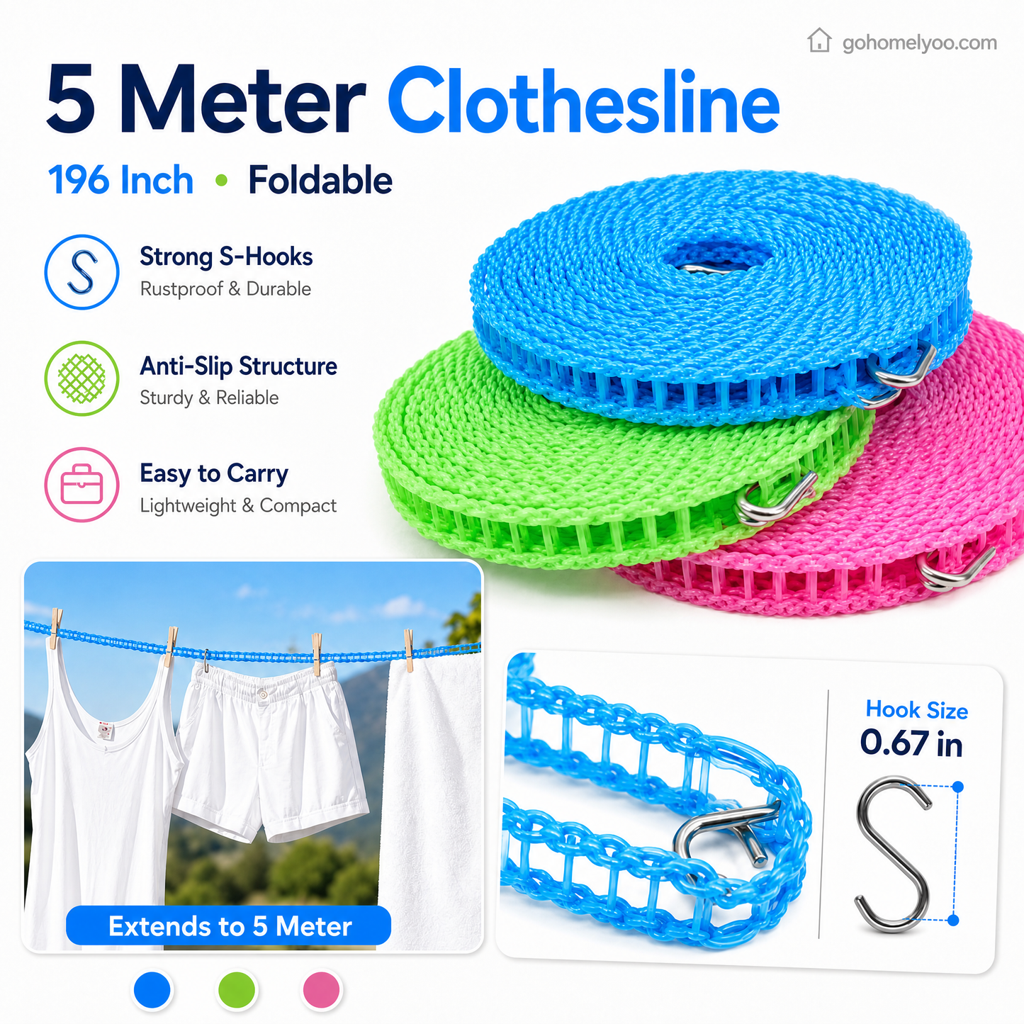 💥 BUY 1 GET 1 FREE 🔗 Windproof, non-slip clothesline 👕 Say goodbye to laundry chaos in windy weather 🌬️