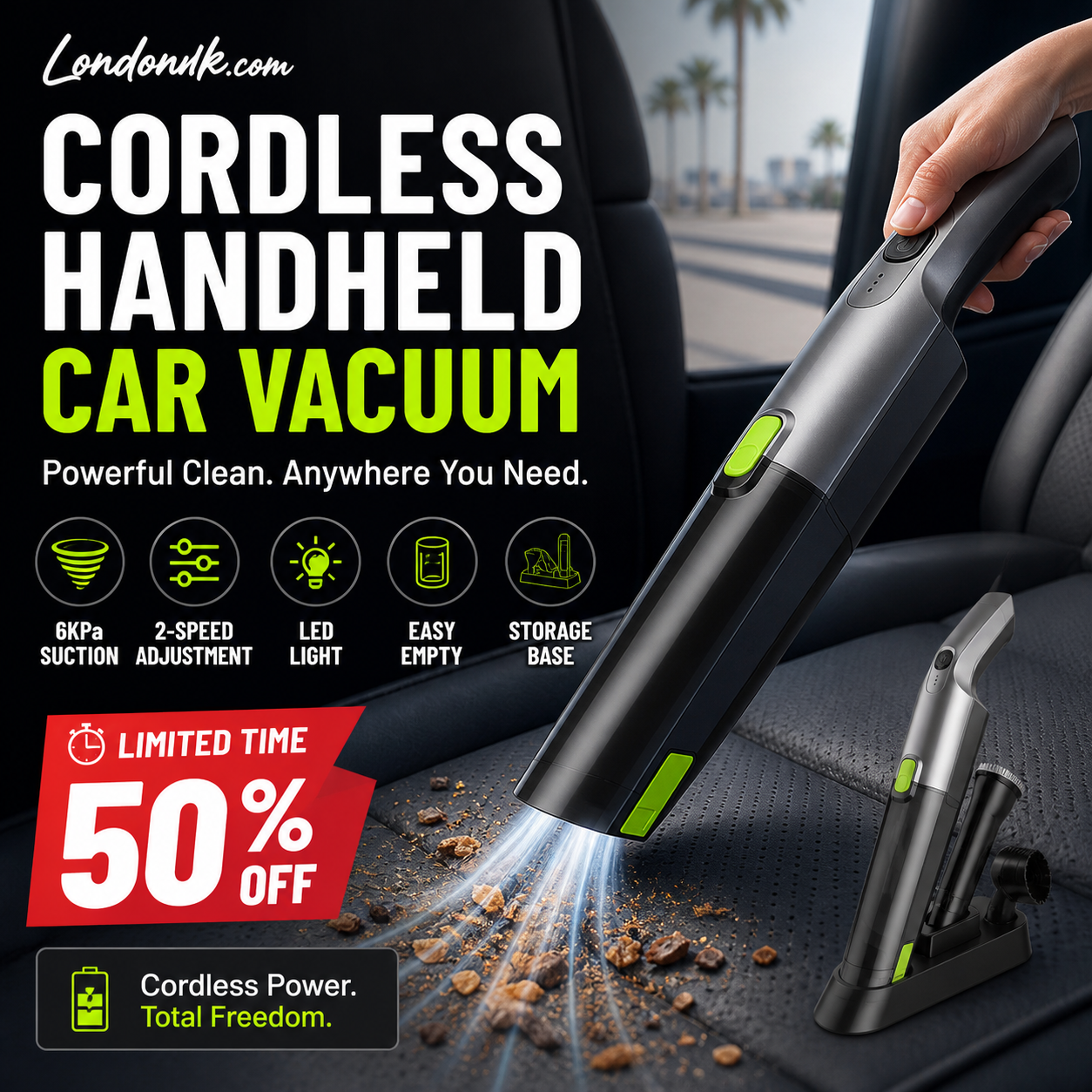 ⏰50% OFF⏰ Cordless Handheld Car Vacuum – 6KPa Suction, 2-Speed Adjustment, LED Light, Easy-Empty Design – Includes Storage Base! 🔋