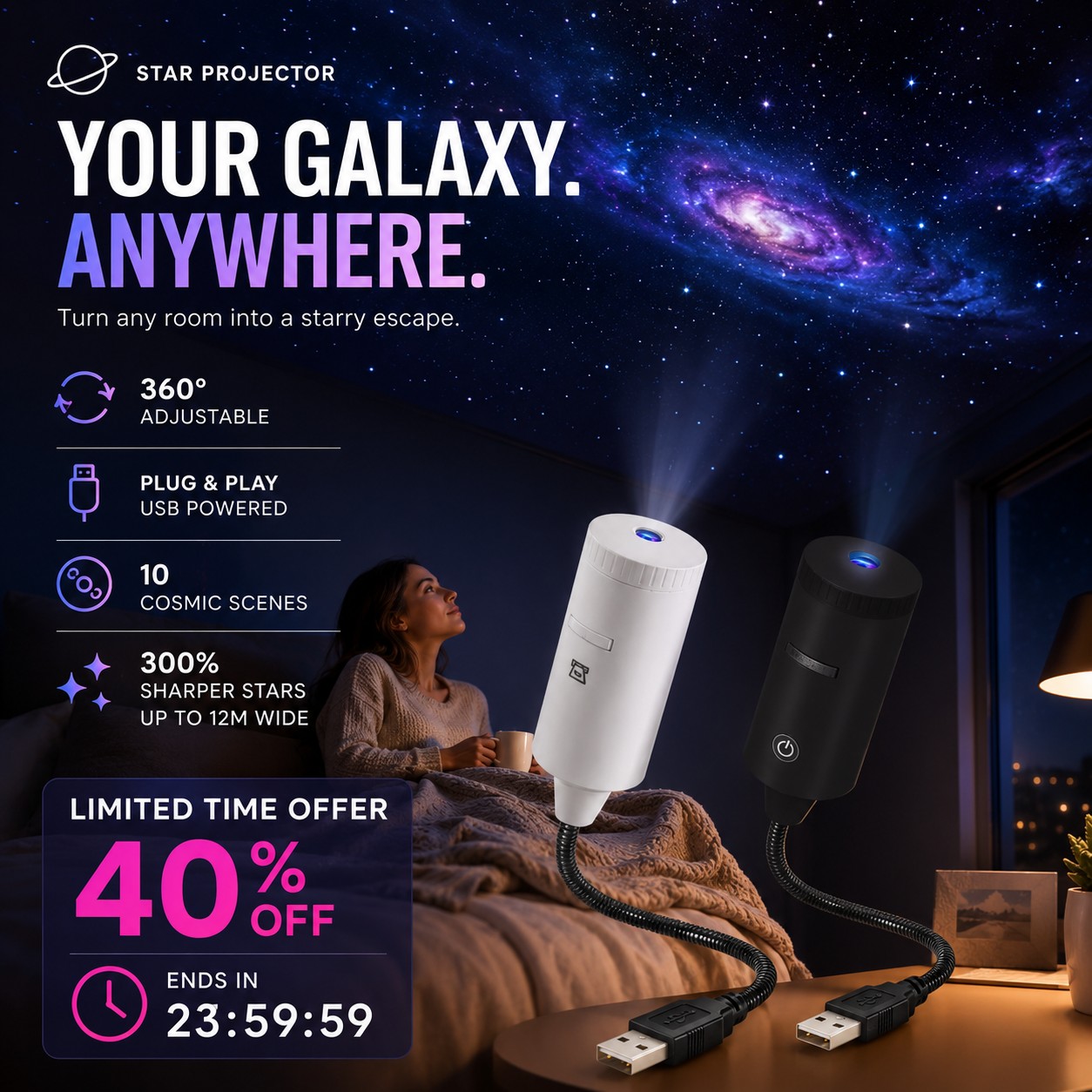 🥳2026 HOT SALE🥳💞50K+ SOLD!🌠🎆 50% OFF! Plug‑and‑Play HD Star Projector – 50,000+ happy users, 300% sharper stars. 360° adjustable, 10 cosmic slides. Transform your ceiling into a galaxy! 🚀🌌